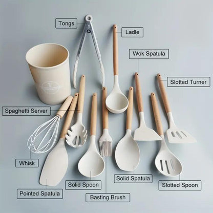 Silicone Kitchen Utensil Set with Storage Bin, 12pcs Kitchen Cooking Utensils Set with Holder, Including Spatulas, Soup Spoons, Colander Spoons, Egg Beater, Food Tongs, Oil Brush, Scraper, Household Heat Resistant Kitchen Utensils, Kitchen Accessories