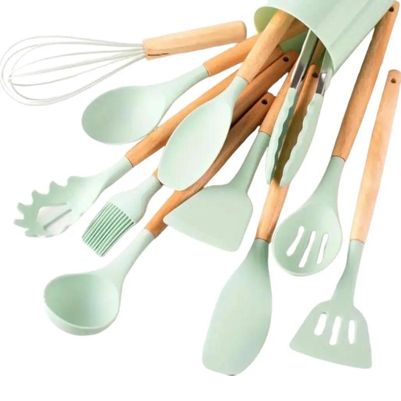 Silicone Kitchen Utensil Set with Storage Bin, 12pcs Kitchen Cooking Utensils Set with Holder, Including Spatulas, Soup Spoons, Colander Spoons, Egg Beater, Food Tongs, Oil Brush, Scraper, Household Heat Resistant Kitchen Utensils, Kitchen Accessories