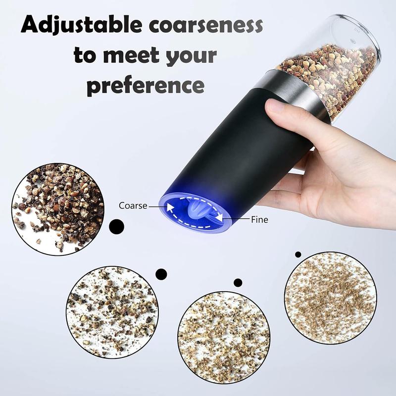 Salt and Pepper Grinder Set, Gravity Sensor, Automatic Pepper Mill, One Hand Operation, Battery-Operated with Adjustable Coarseness, Blue Led Light (Black 2 Pack