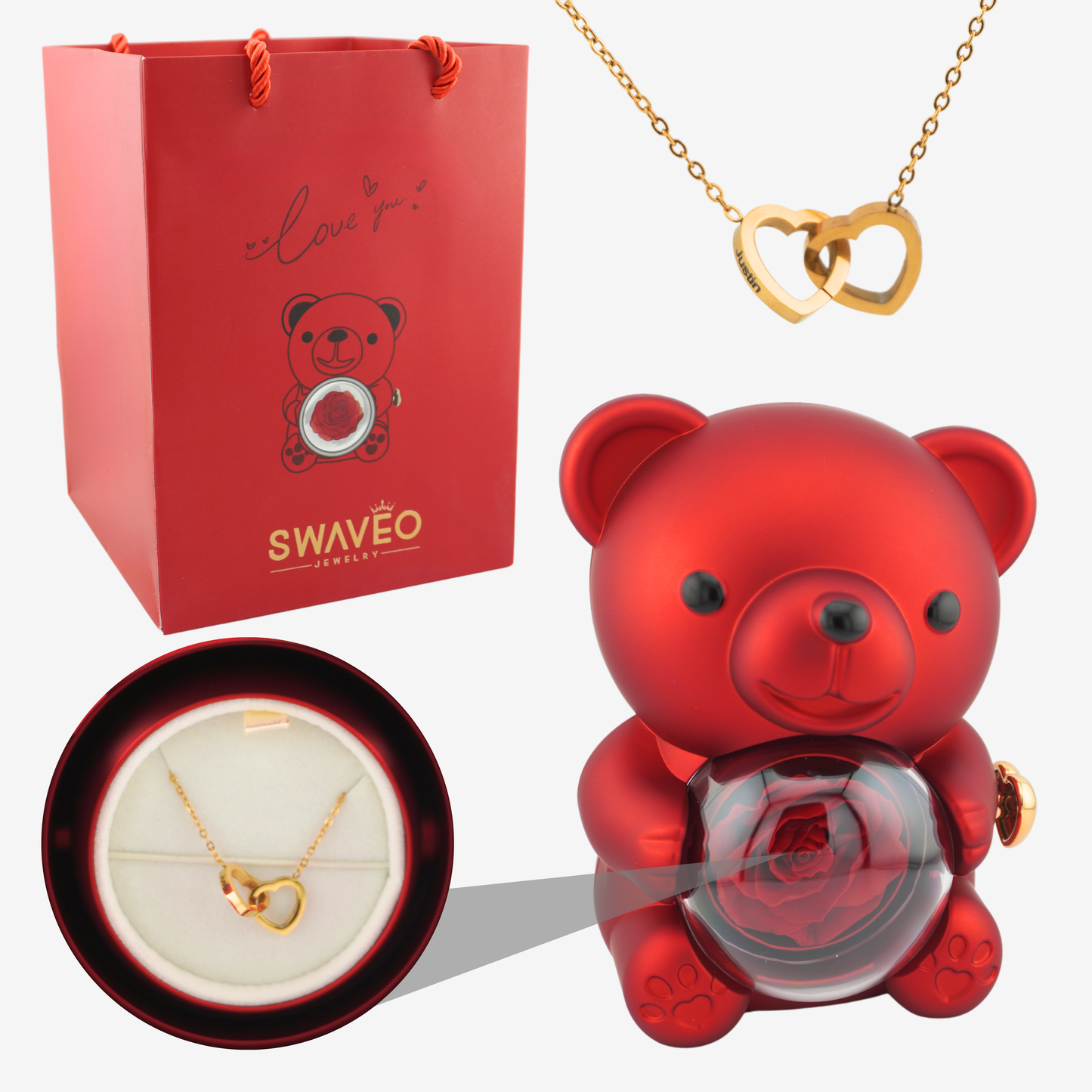 Rose Bear W/ Forever Rose & Heart Necklace