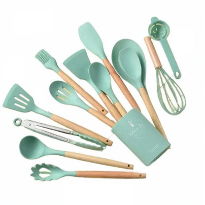 Silicone Kitchen Utensil Set with Storage Bin, 12pcs Kitchen Cooking Utensils Set with Holder, Including Spatulas, Soup Spoons, Colander Spoons, Egg Beater, Food Tongs, Oil Brush, Scraper, Household Heat Resistant Kitchen Utensils, Kitchen Accessories