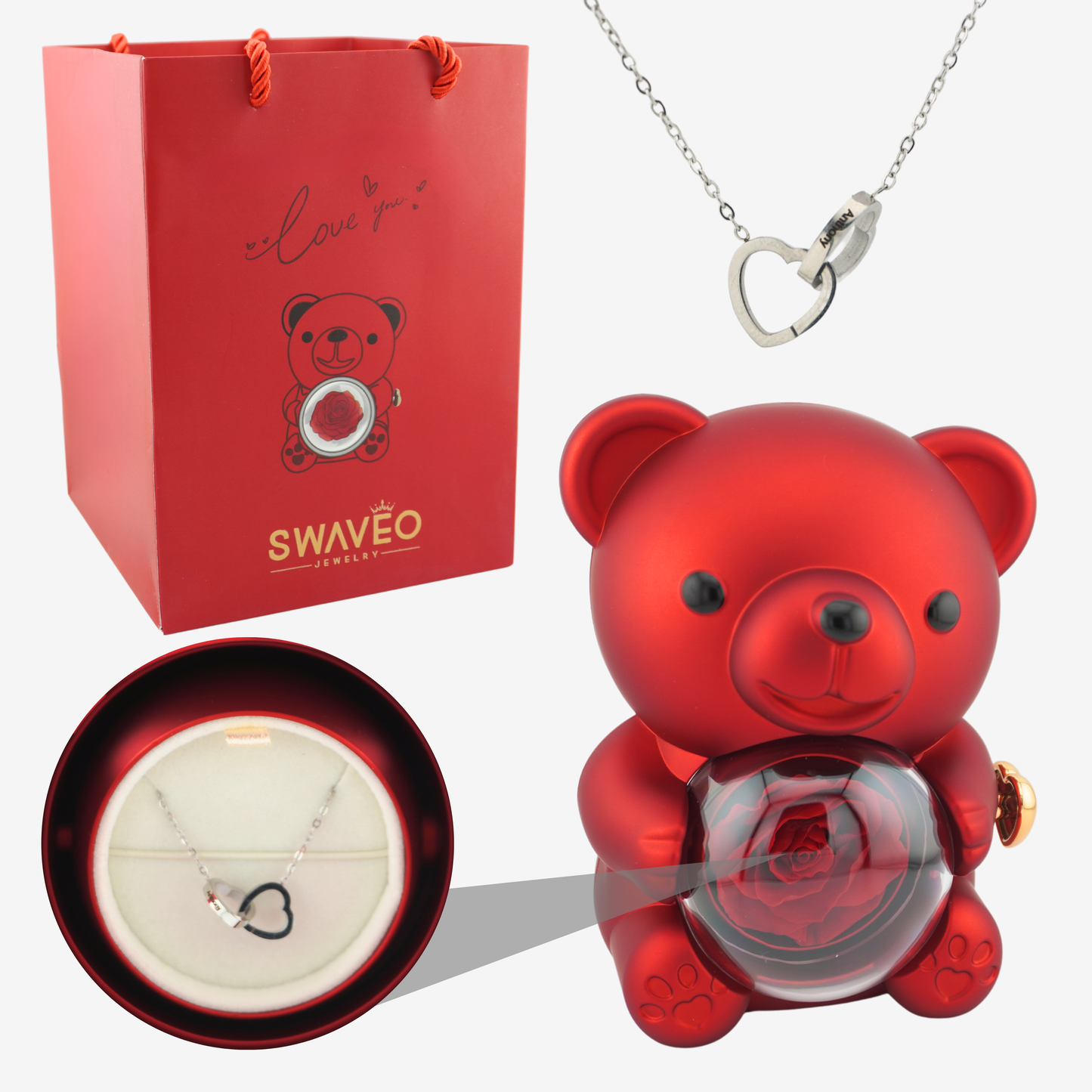 Rose Bear W/ Forever Rose & Heart Necklace