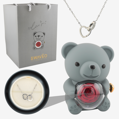 Rose Bear W/ Forever Rose & Heart Necklace