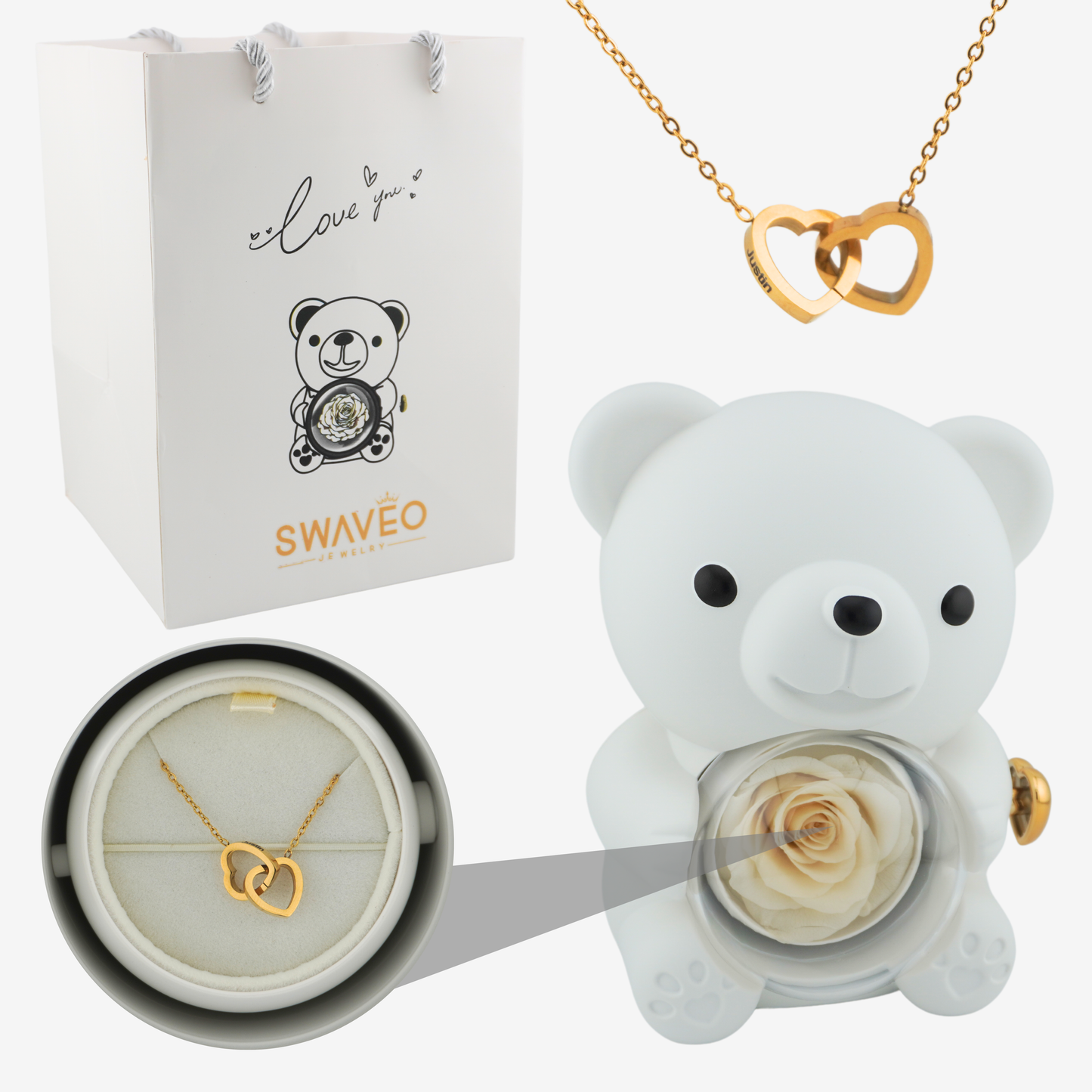 Rose Bear W/ Forever Rose & Heart Necklace