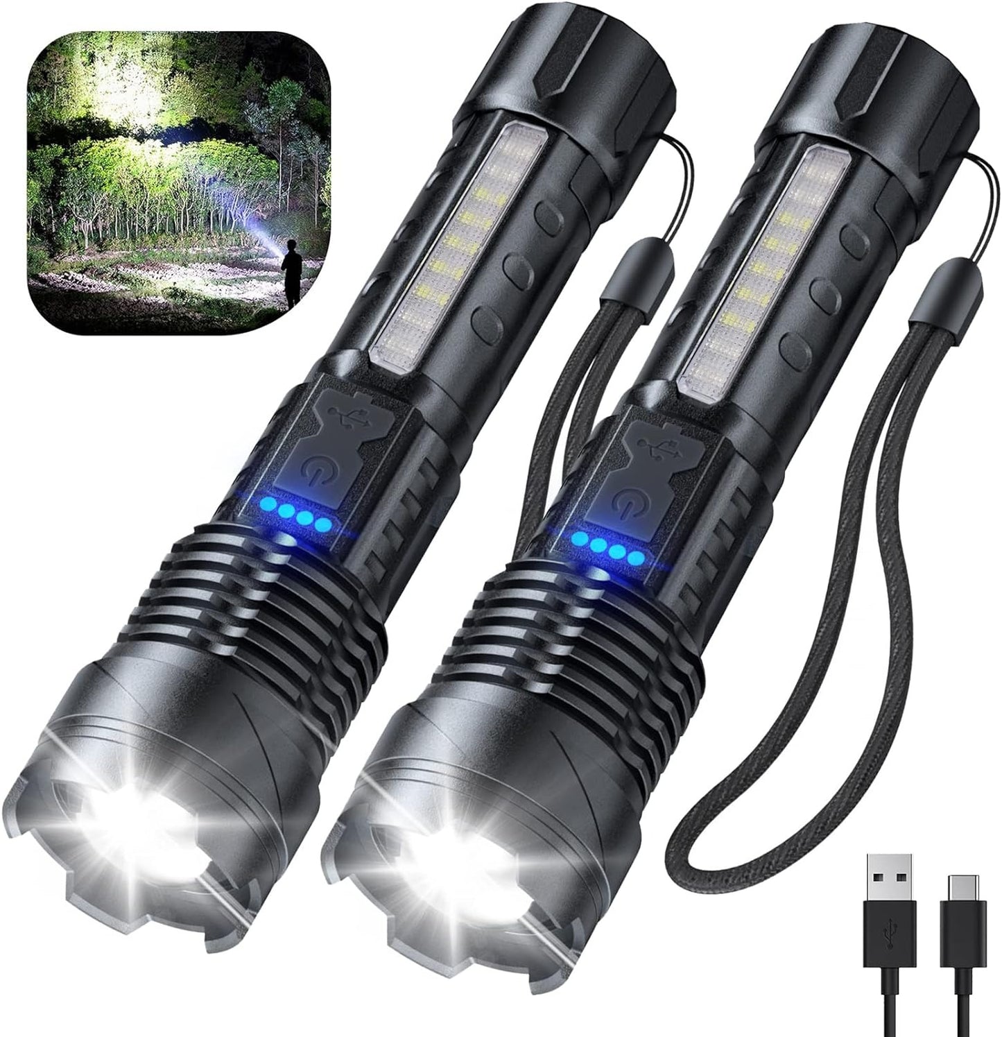 Laser Flashlight High Lumens Rechargeable 1 Pack/2 Pack, Super Bright Led Flashlights with 7 Light Modes, IPX6 Waterproof, Powerful Handheld Flash Light for Camping Home Emergencies