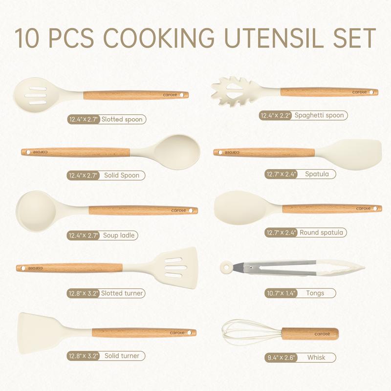 [Official] CAROTE Silicone Cooking Utensils Set for Kitchen,446°F Heat Resistant 10 pcs Non-Stick Cooking Set with Wooden Handle Spatula Turner Spoon Tongs Whisk