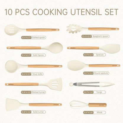 [Official] CAROTE Silicone Cooking Utensils Set for Kitchen,446°F Heat Resistant 10 pcs Non-Stick Cooking Set with Wooden Handle Spatula Turner Spoon Tongs Whisk