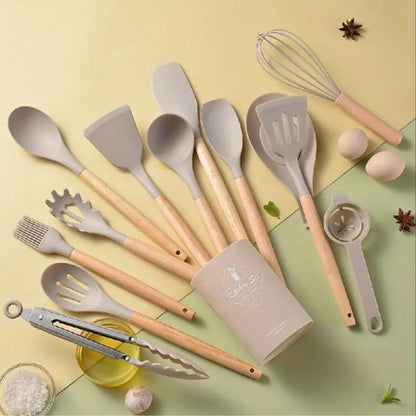 Silicone Kitchen Utensil Set with Storage Bin, 12pcs Kitchen Cooking Utensils Set with Holder, Including Spatulas, Soup Spoons, Colander Spoons, Egg Beater, Food Tongs, Oil Brush, Scraper, Household Heat Resistant Kitchen Utensils, Kitchen Accessories