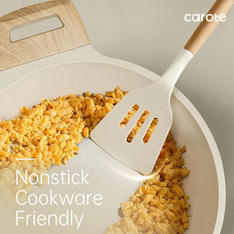 [Official] CAROTE Silicone Cooking Utensils Set for Kitchen,446°F Heat Resistant 10 pcs Non-Stick Cooking Set with Wooden Handle Spatula Turner Spoon Tongs Whisk