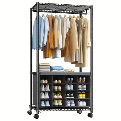 Rolling Clothes Rack With Wheels & Shoe Storage Portable Wadrobe