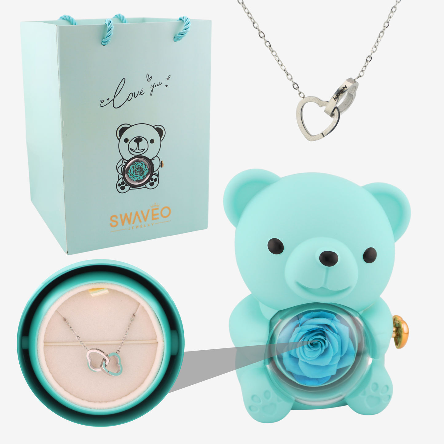 Rose Bear W/ Forever Rose & Heart Necklace