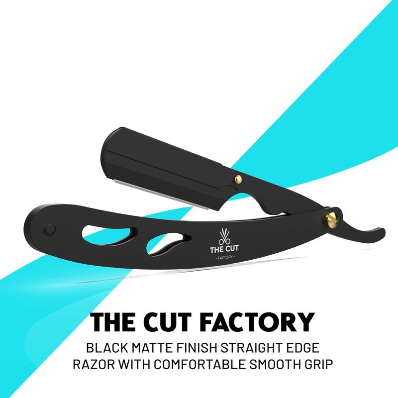 The Cut- Factory- Straight Razor with 100 Pack Platinum Treat Professional Barber Single Blade Edge Razors for Men for Close Shaving 100 Percent Stainless Steel-Black Smooth Facial