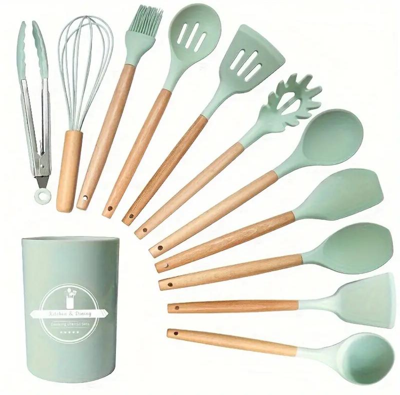 Silicone Kitchen Utensil Set with Storage Bin, 12pcs Kitchen Cooking Utensils Set with Holder, Including Spatulas, Soup Spoons, Colander Spoons, Egg Beater, Food Tongs, Oil Brush, Scraper, Household Heat Resistant Kitchen Utensils, Kitchen Accessories