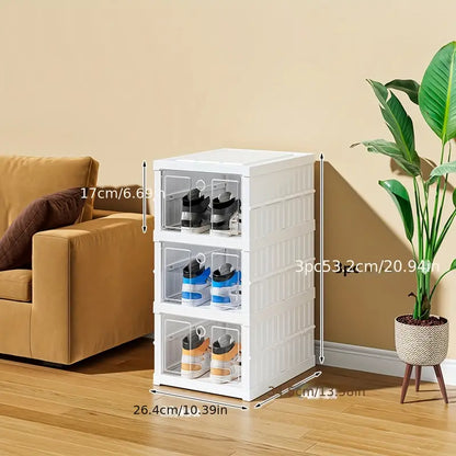 Multi-tier Folding Shoe Box With Door, Stackable Dust Proof Shoe Rack