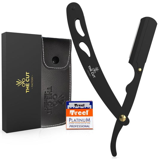 The Cut- Factory- Straight Razor with 100 Pack Platinum Treat Professional Barber Single Blade Edge Razors for Men for Close Shaving 100 Percent Stainless Steel-Black Smooth Facial