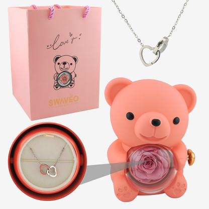 Rose Bear W/ Forever Rose & Heart Necklace