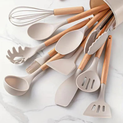 Silicone Kitchen Utensil Set with Storage Bin, 12pcs Kitchen Cooking Utensils Set with Holder, Including Spatulas, Soup Spoons, Colander Spoons, Egg Beater, Food Tongs, Oil Brush, Scraper, Household Heat Resistant Kitchen Utensils, Kitchen Accessories