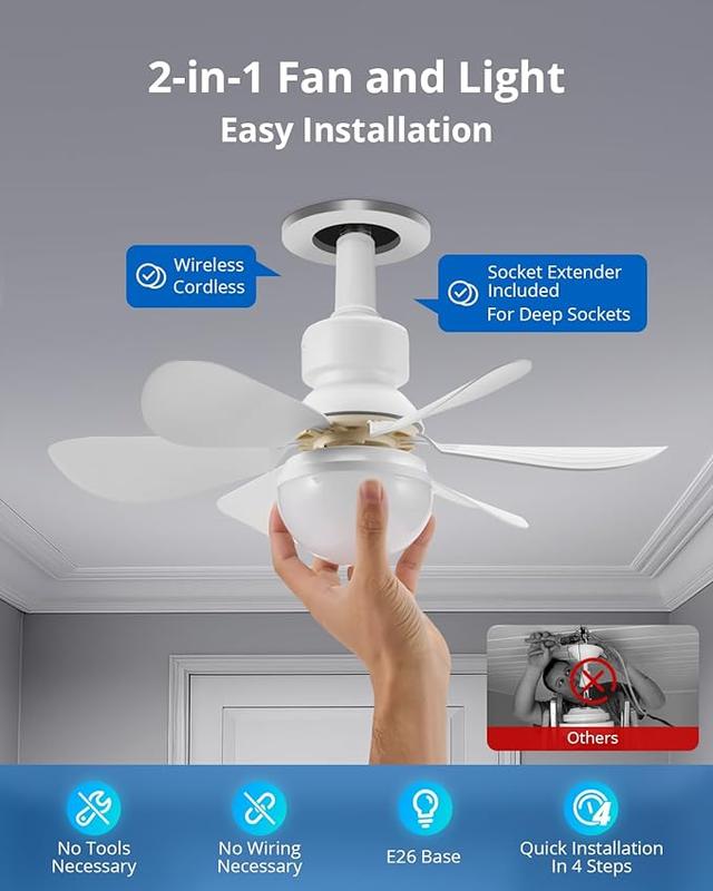 Socket Fan Light Original - Cool Light LED – Ceiling Fans with Lights and Remote Control, Replacement for Lightbulb - Bedroom, Kitchen, Living Room,1000 Lumens / 5000 Kelvins As Seen On TV