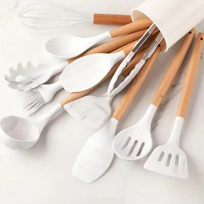 Silicone Kitchen Utensil Set with Storage Bin, 12pcs Kitchen Cooking Utensils Set with Holder, Including Spatulas, Soup Spoons, Colander Spoons, Egg Beater, Food Tongs, Oil Brush, Scraper, Household Heat Resistant Kitchen Utensils, Kitchen Accessories