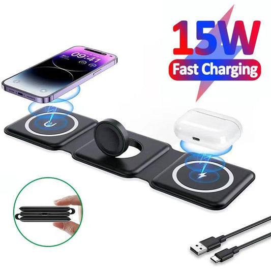 【SG Stock】3 in 1 15W Wireless Magnetic Charger Folding Multi Device Charger For iP14