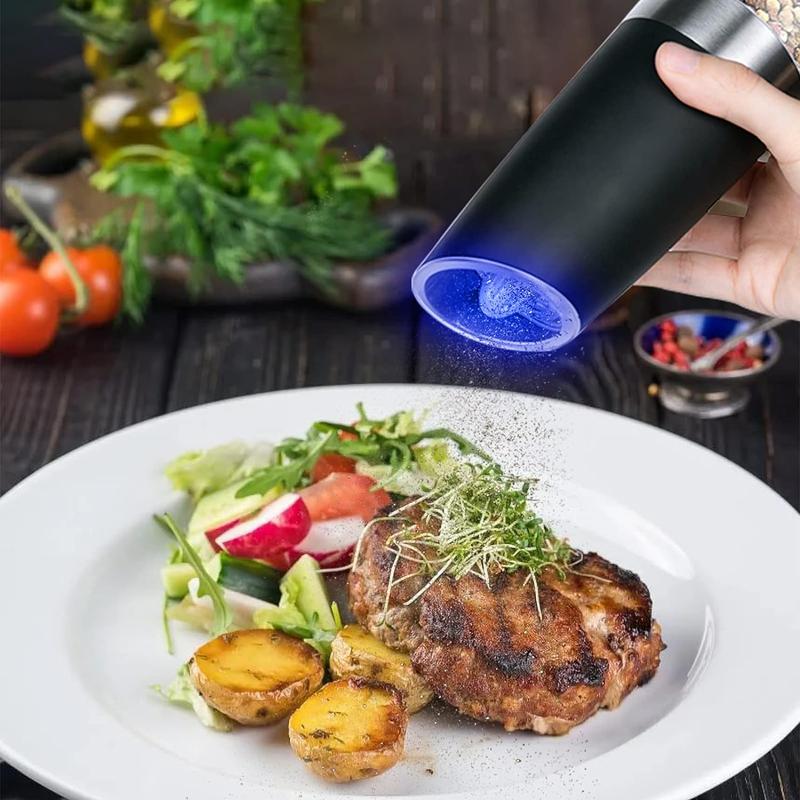 Salt and Pepper Grinder Set, Gravity Sensor, Automatic Pepper Mill, One Hand Operation, Battery-Operated with Adjustable Coarseness, Blue Led Light (Black 2 Pack