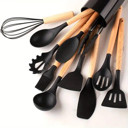 Silicone Kitchen Utensil Set with Storage Bin, 12pcs Kitchen Cooking Utensils Set with Holder, Including Spatulas, Soup Spoons, Colander Spoons, Egg Beater, Food Tongs, Oil Brush, Scraper, Household Heat Resistant Kitchen Utensils, Kitchen Accessories