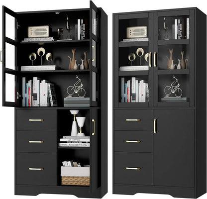 Tall Storage Cabinet with 2 Glass Display Door & Shelves