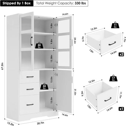 Tall Storage Cabinet with 2 Glass Display Door & Shelves