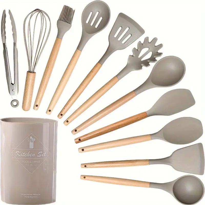 Silicone Kitchen Utensil Set with Storage Bin, 12pcs Kitchen Cooking Utensils Set with Holder, Including Spatulas, Soup Spoons, Colander Spoons, Egg Beater, Food Tongs, Oil Brush, Scraper, Household Heat Resistant Kitchen Utensils, Kitchen Accessories