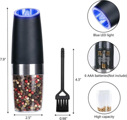 Salt and Pepper Grinder Set, Gravity Sensor, Automatic Pepper Mill, One Hand Operation, Battery-Operated with Adjustable Coarseness, Blue Led Light (Black 2 Pack