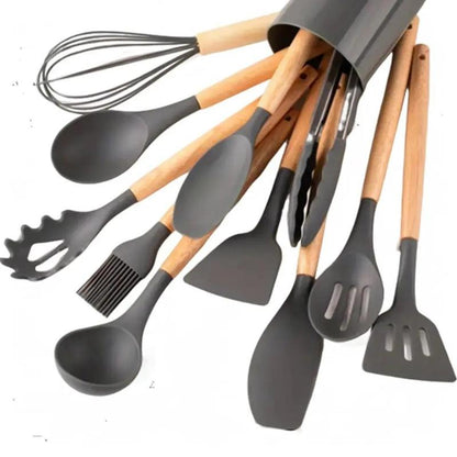 Silicone Kitchen Utensil Set with Storage Bin, 12pcs Kitchen Cooking Utensils Set with Holder, Including Spatulas, Soup Spoons, Colander Spoons, Egg Beater, Food Tongs, Oil Brush, Scraper, Household Heat Resistant Kitchen Utensils, Kitchen Accessories