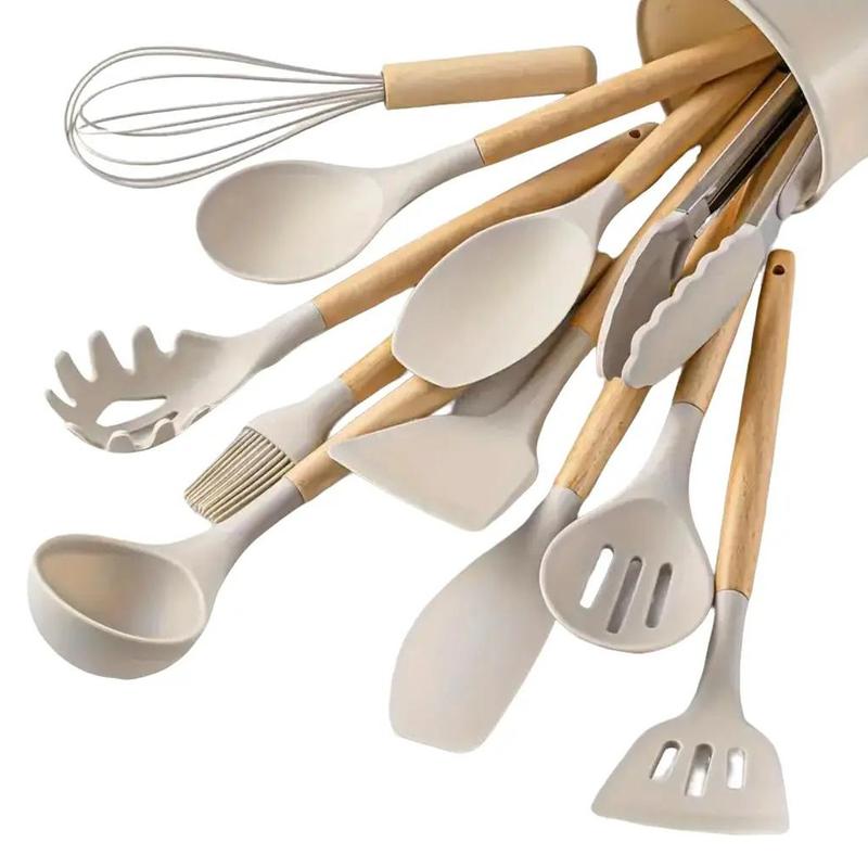 Silicone Kitchen Utensil Set with Storage Bin, 12pcs Kitchen Cooking Utensils Set with Holder, Including Spatulas, Soup Spoons, Colander Spoons, Egg Beater, Food Tongs, Oil Brush, Scraper, Household Heat Resistant Kitchen Utensils, Kitchen Accessories